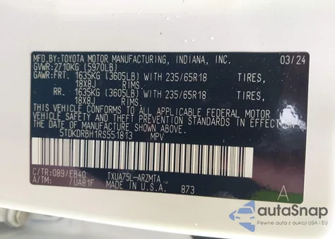 2024 Toyota Highlander Xle z USA, uszkodzony, nr VIN 5TDKDRBH1RS551813